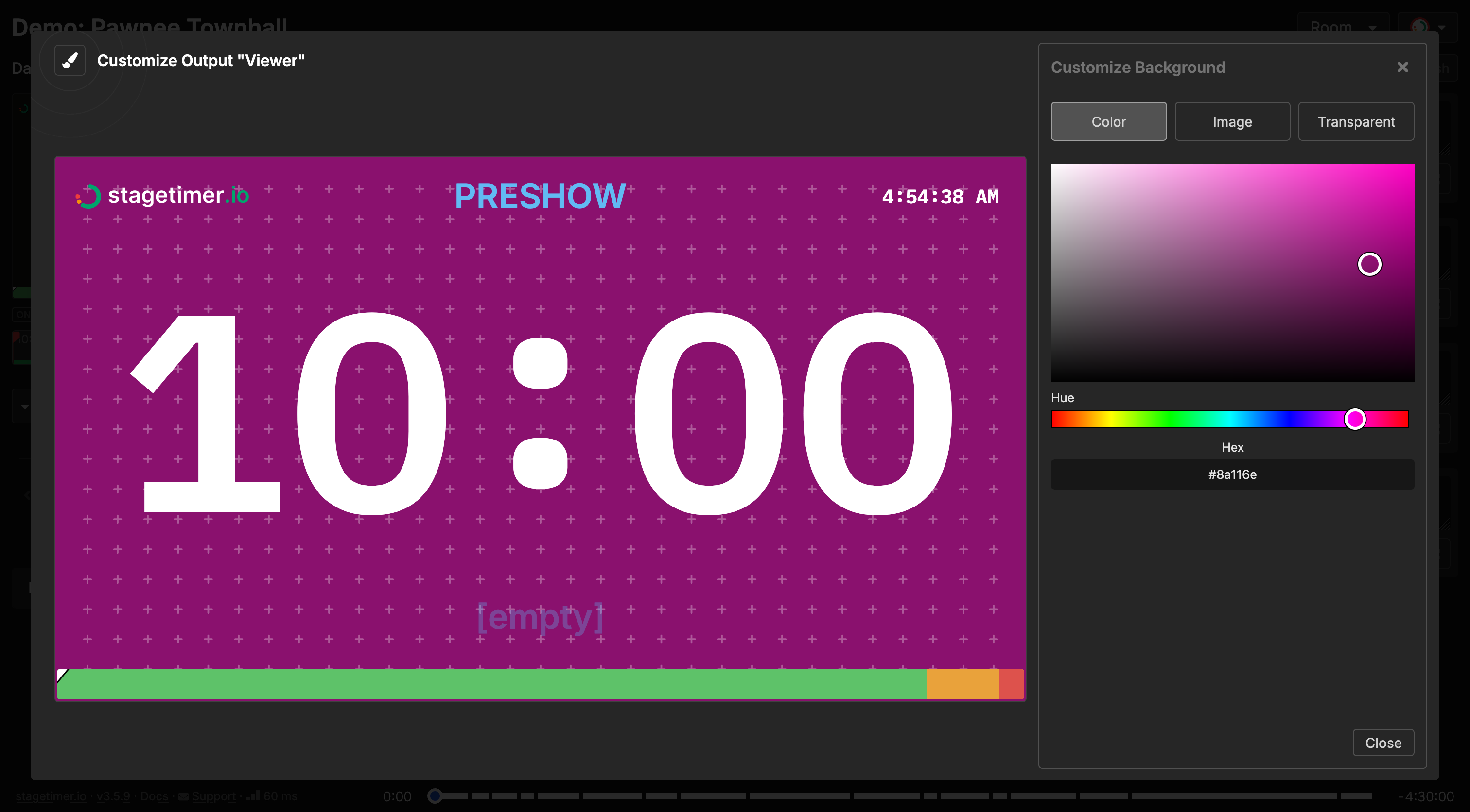 Output customizer with the Background "Change" button in the Settings panel