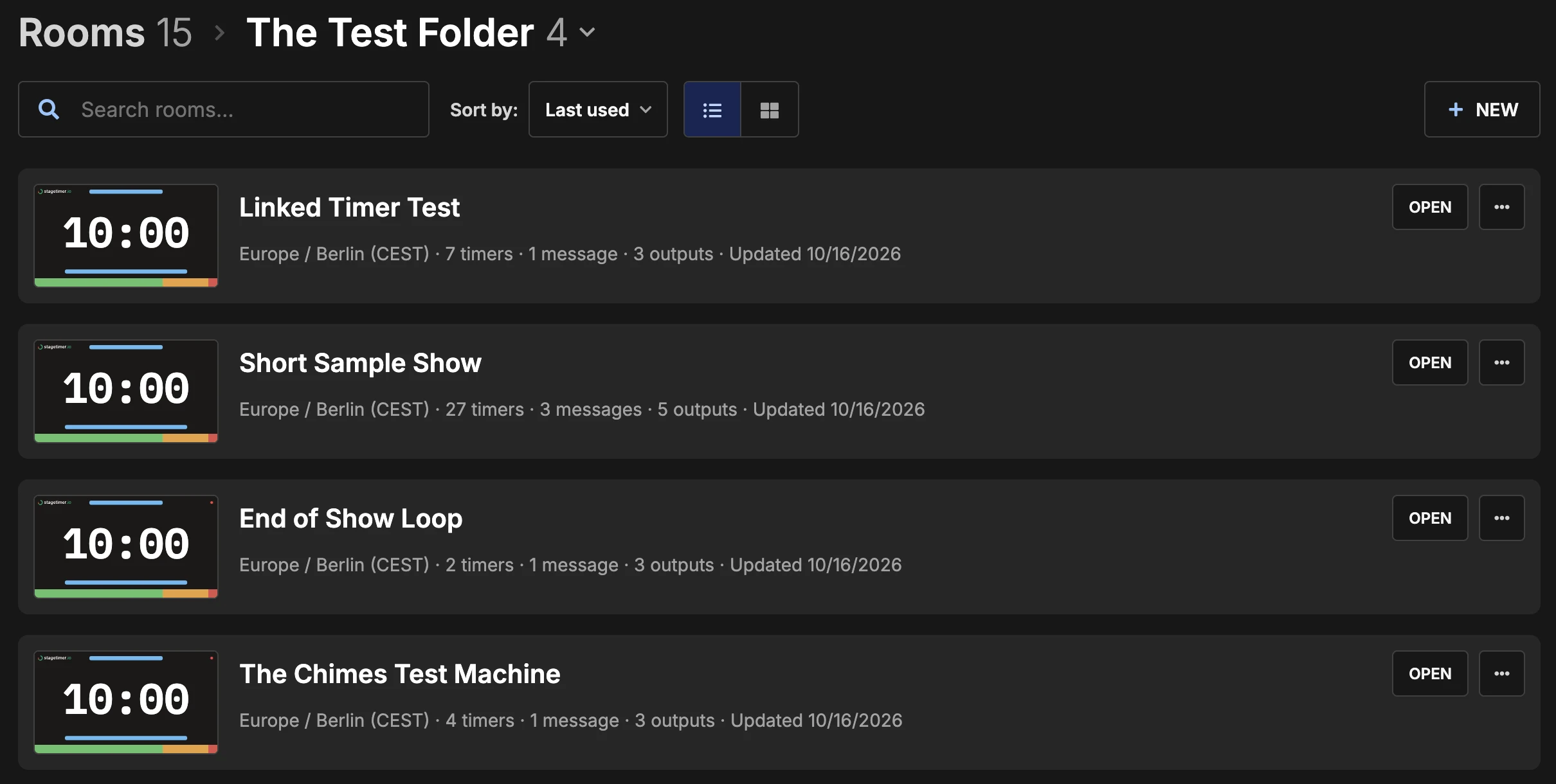Dashboard in list view inside a folder, with breadcrumbs, search, sort, view buttons, the New button and four room cards