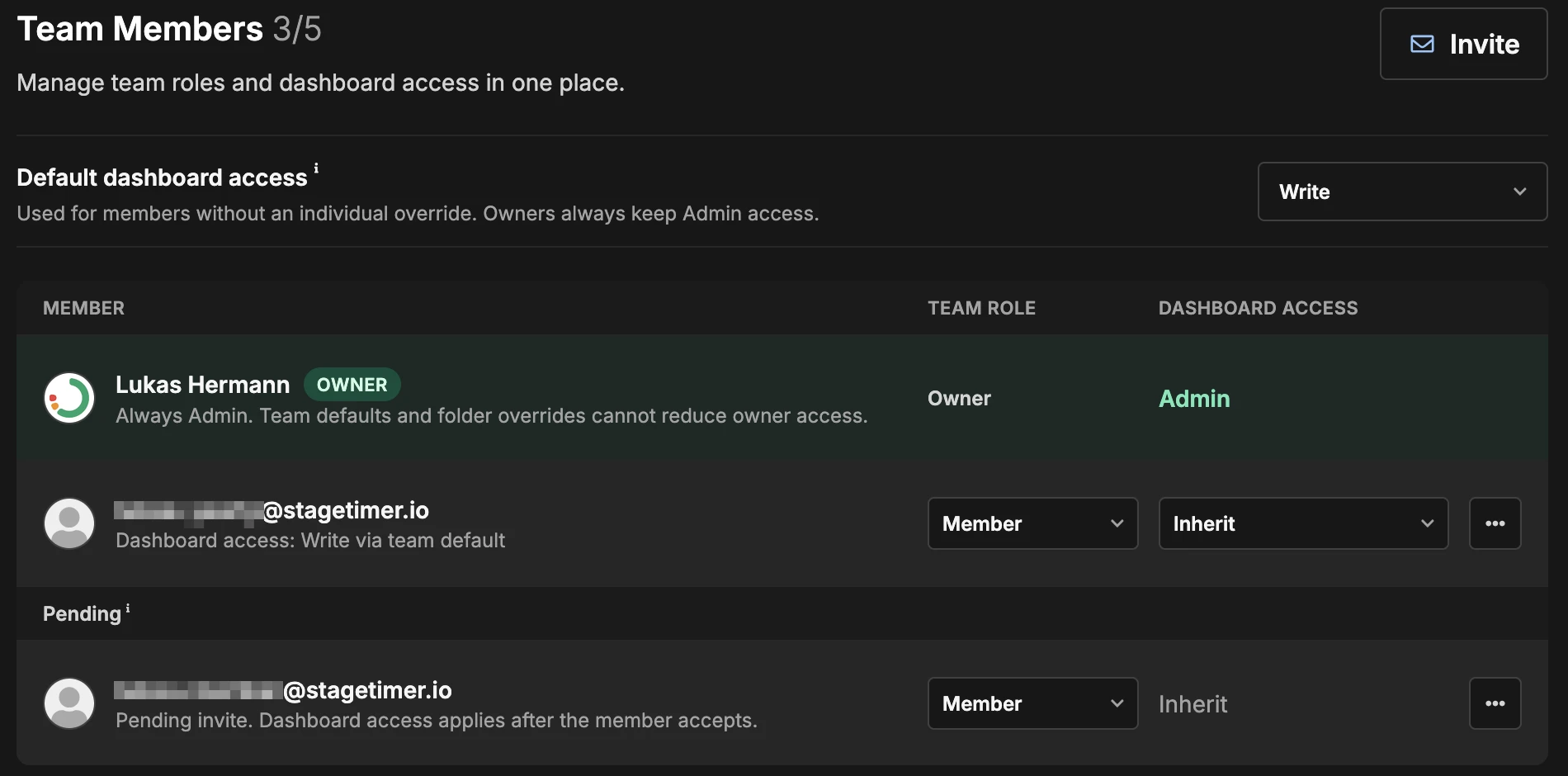 Team Members list with the Default dashboard access set to Write, an owner, a member and a pending invite