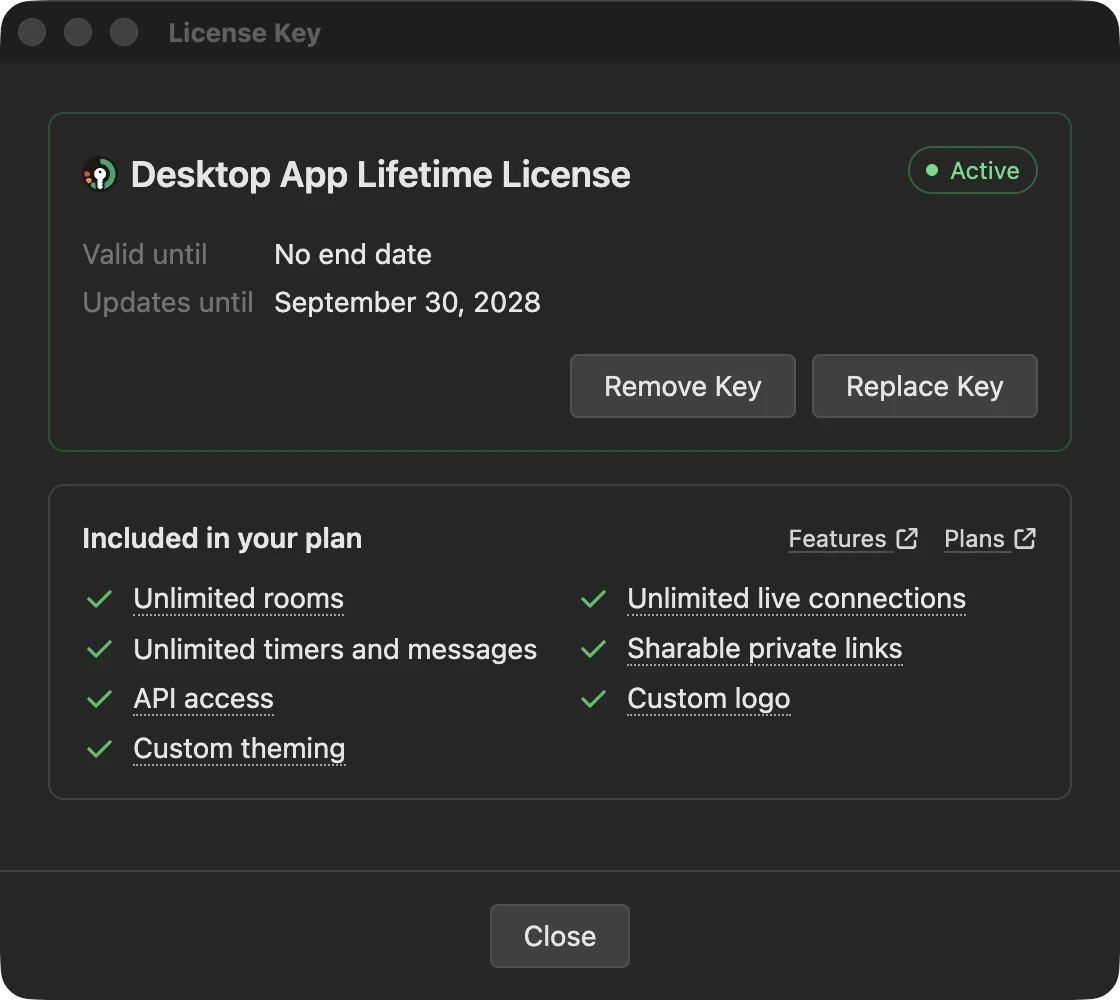 License window for a lifetime license with an Active badge, no end date, the Updates until date, the Remove Key and Replace Key buttons, and the features included in the plan