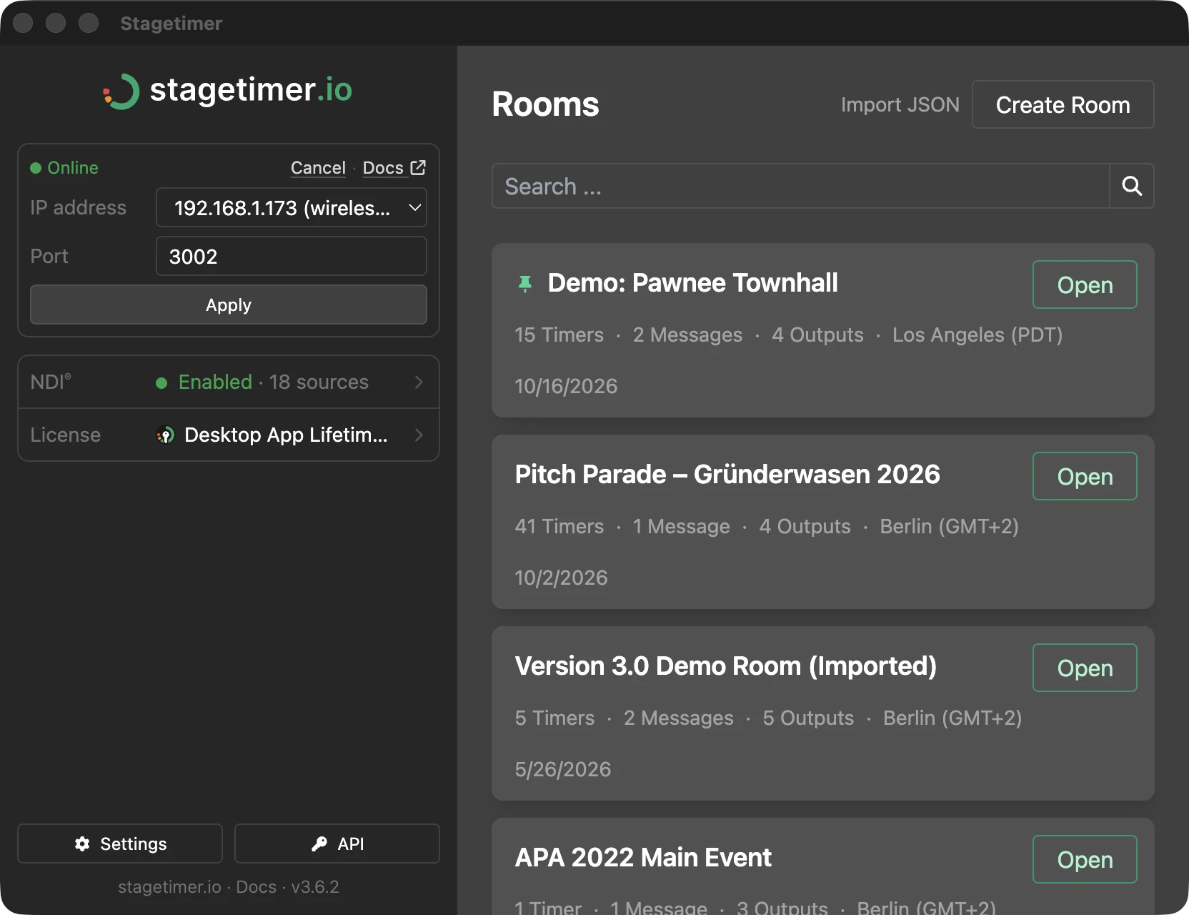 Desktop app main window with the network card in edit mode, the NDI and License rows, the Settings and API buttons in the sidebar, and the room list on the right