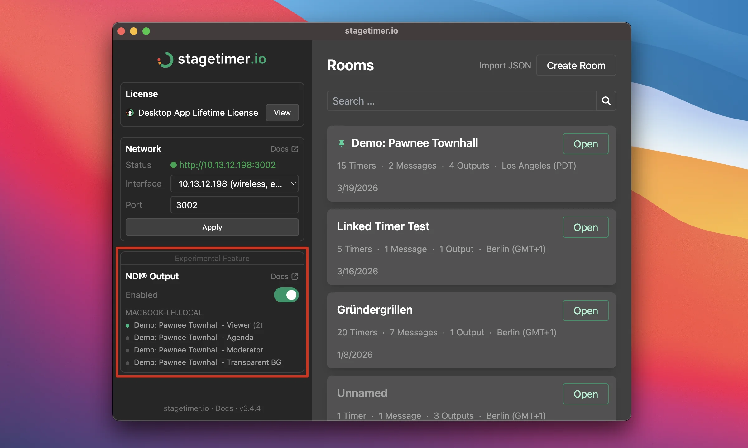 NDI Output section in the desktop app main view