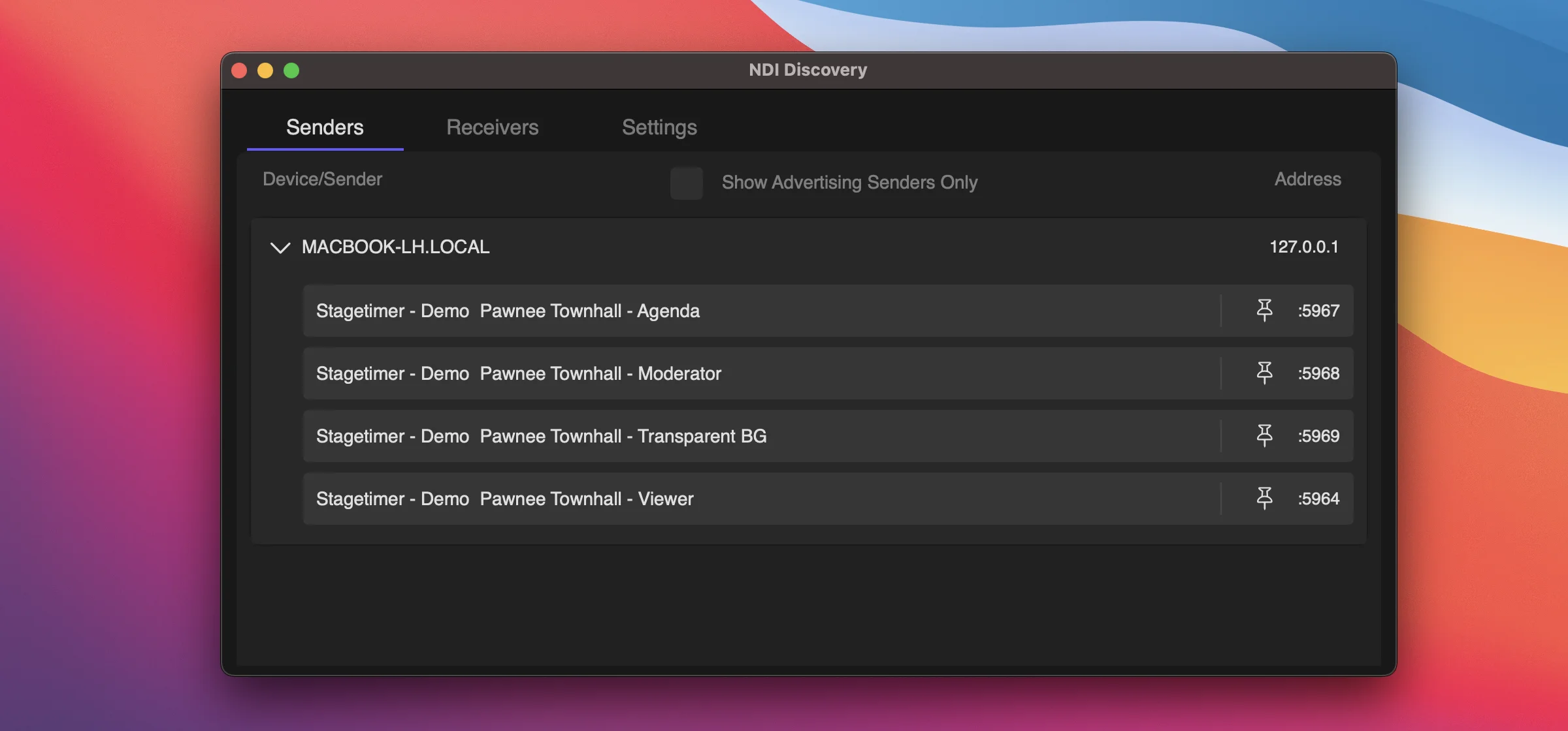 NDI Discovery app showing Stagetimer sources listed under MACBOOK-LH.LOCAL