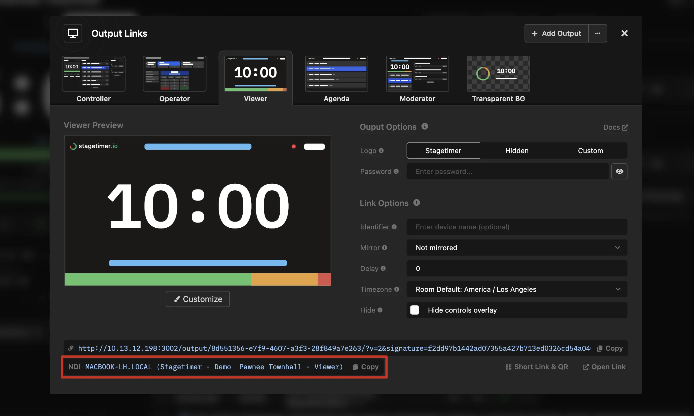 Output Links popup showing the NDI source name with a copy button