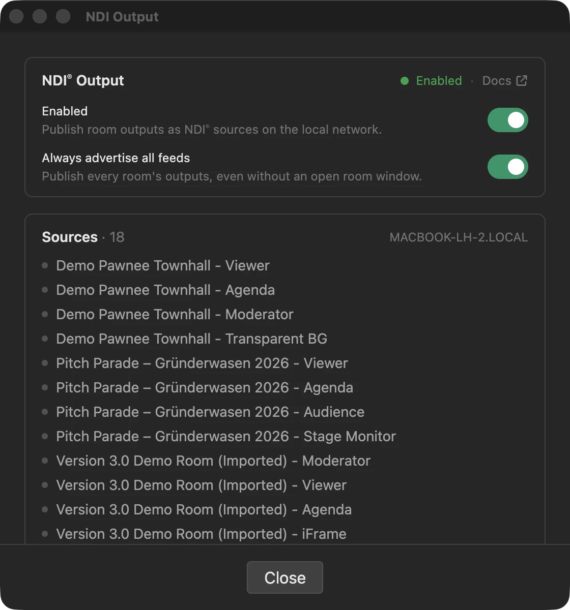 NDI Output window with the Enabled and Always advertise all feeds toggles and the list of advertised sources