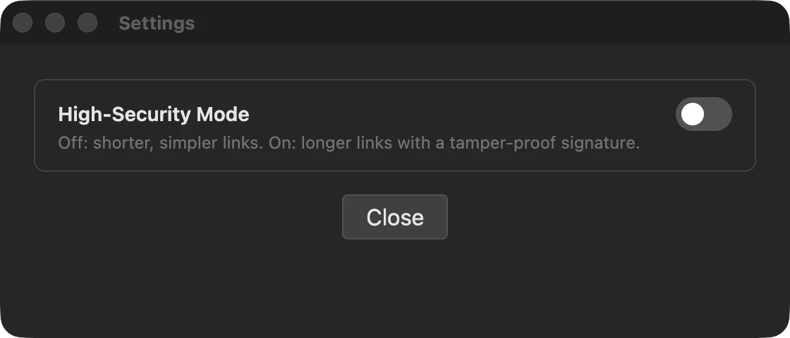 Settings window with the High-Security Mode toggle