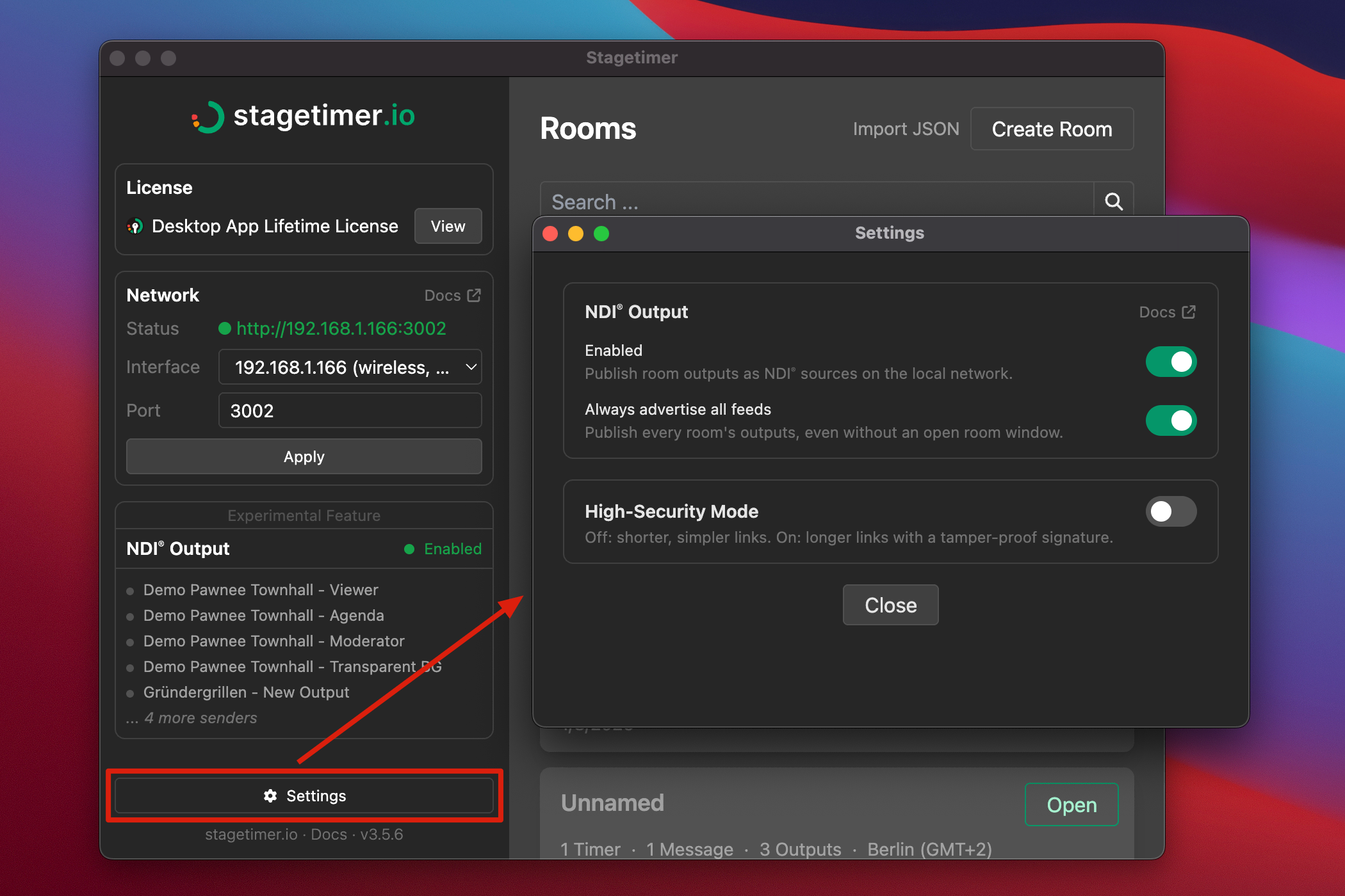 Settings window showing NDI Output toggles and the High-Security Mode toggle, with an arrow pointing from the Settings button in the main sidebar