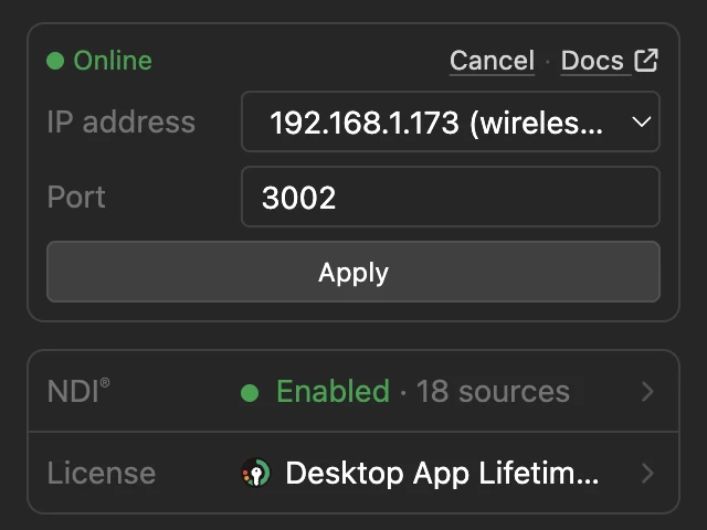 Network card in the sidebar after a click on Change, with the IP address dropdown, the Port field and the Apply button