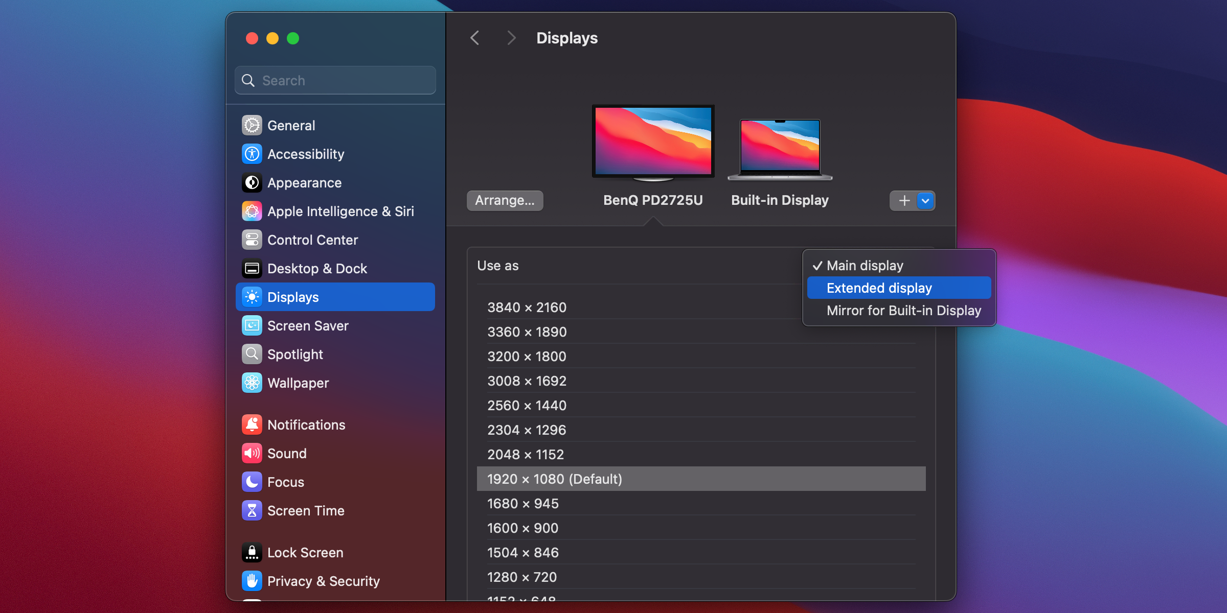 Screenshot showing Windows display settings set to Extend, and Mac display settings with Mirror unchecked