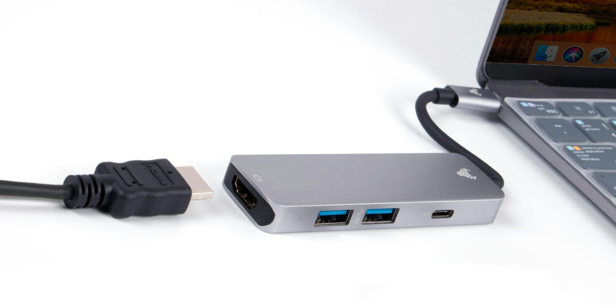 Photo of HDMI cable and a USB-C to HDMI adapter