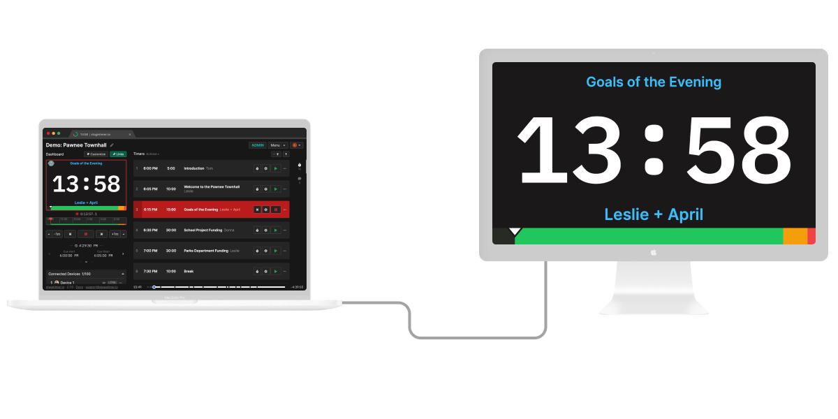 Diagram showing a laptop running Stagetimer controller connected to a stage monitor displaying the Viewer countdown