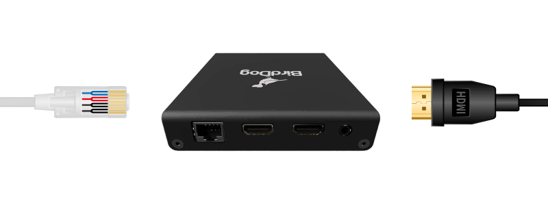 Diagram showing HDMI-to-NDI conversion: laptop with HDMI output connected to an NDI encoder, network switch or router in the middle, NDI decoder connected to the TV via HDMI