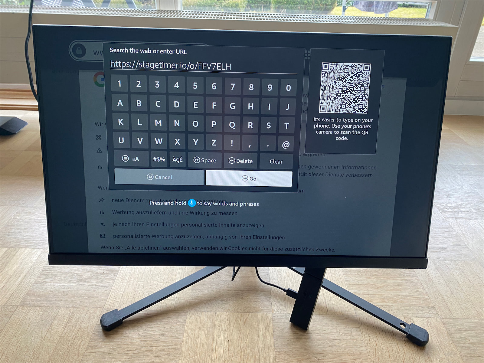 Entering a Stagetimer URL in a TV browser