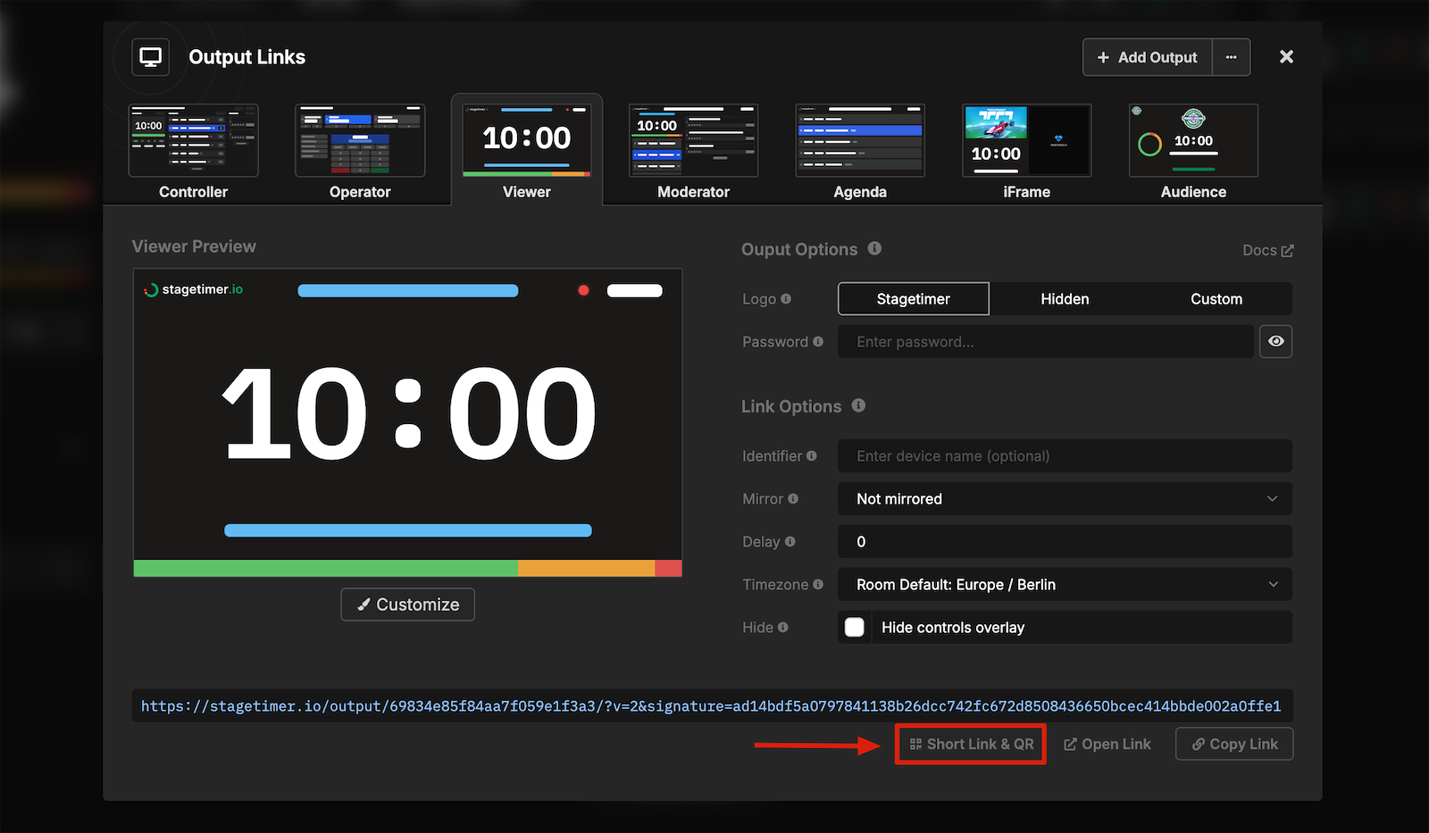 Stagetimer Output Links modal showing Viewer link