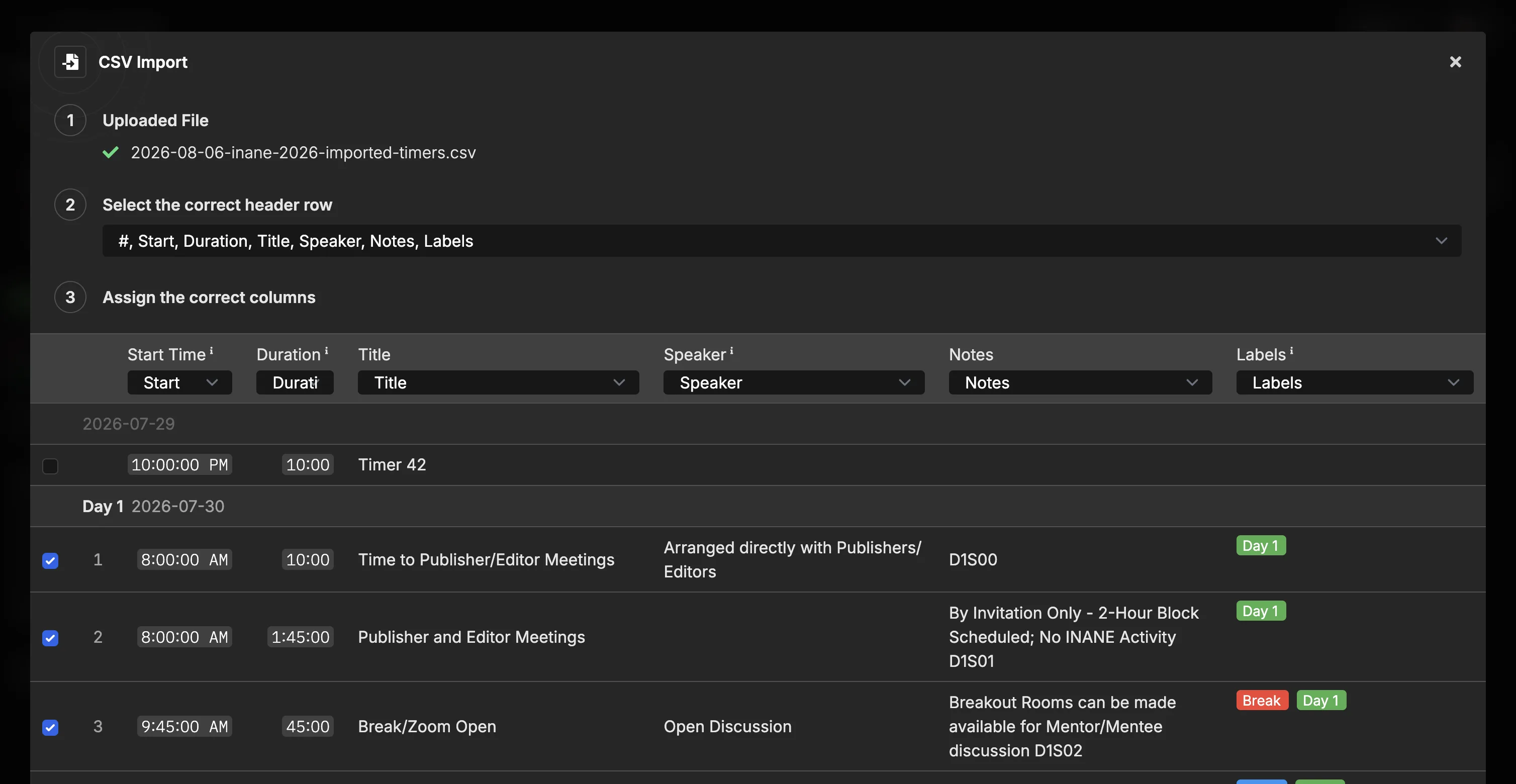 CSV import popup showing the uploaded file, header row selection, column assignment dropdowns and a preview of the timers grouped by day
