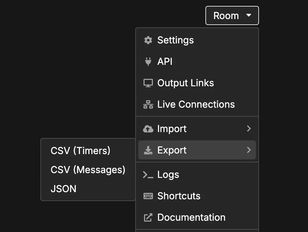 Room menu in the controller with the Export submenu open, showing CSV Timers, CSV Messages and JSON