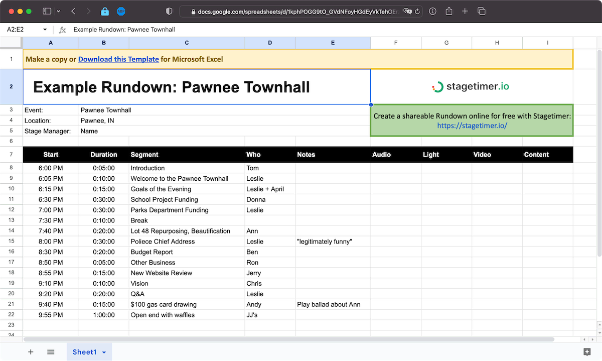 Google Sheets rundown template with Start, Duration, Title and Speaker columns