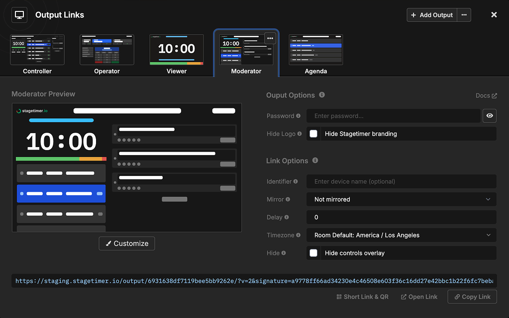 Output Links popup showing Moderator output options
