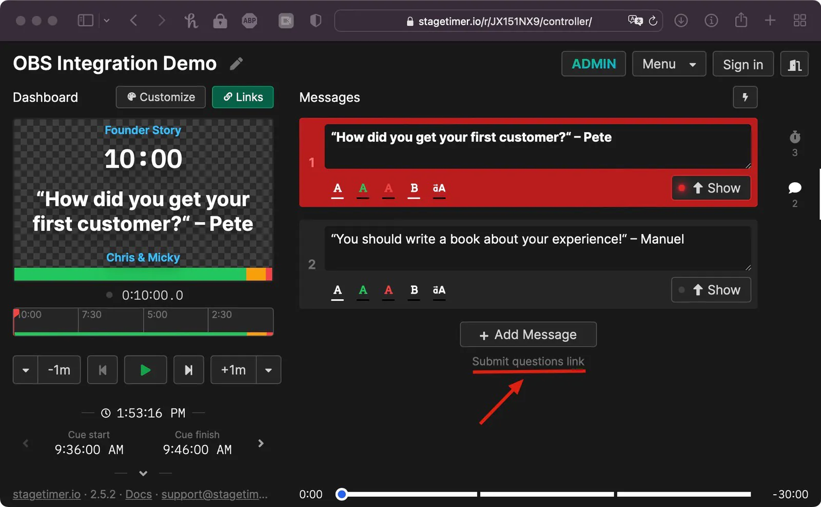 Audience question submission form and display in streaming software