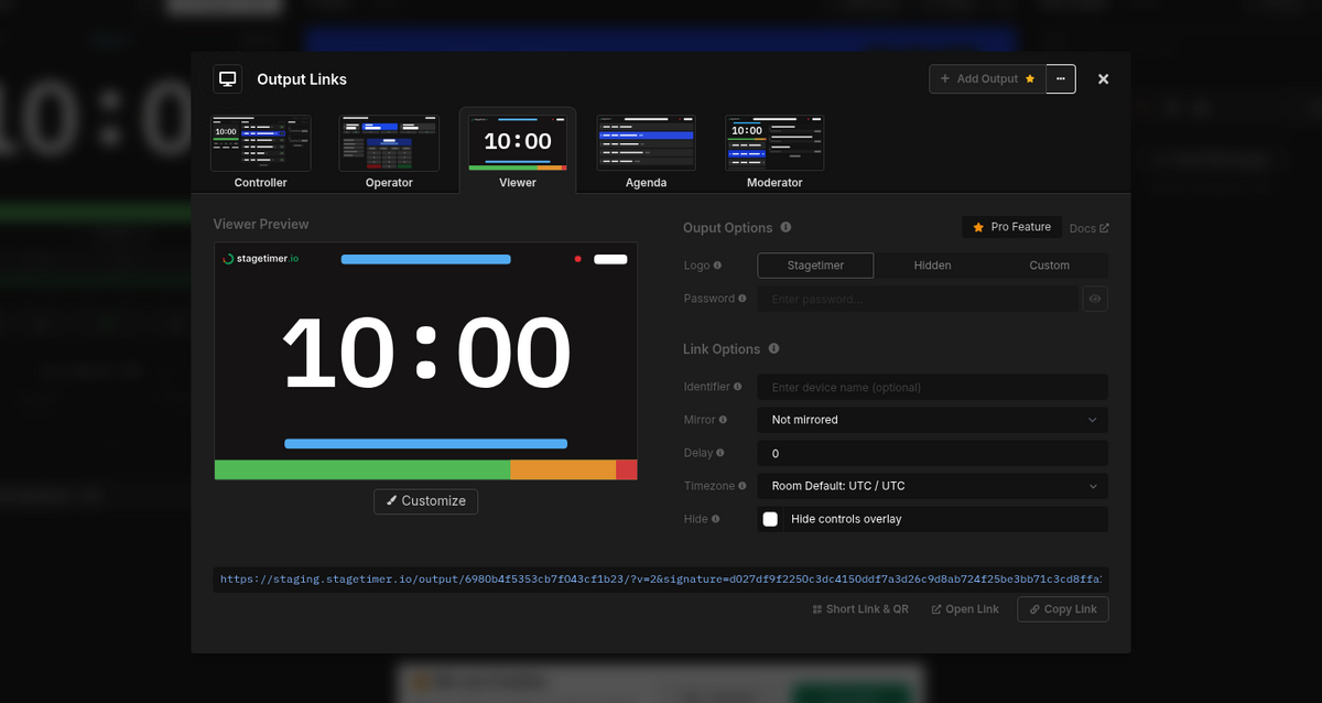 Copy the Viewer link from the Output Links popup