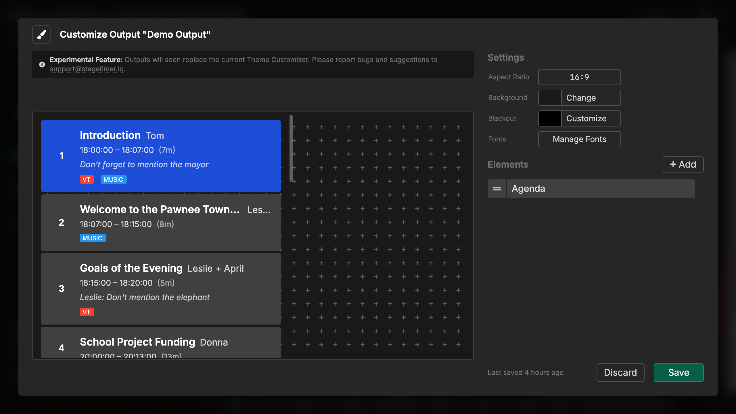 Agenda element displaying complete rundown with active timer highlighted