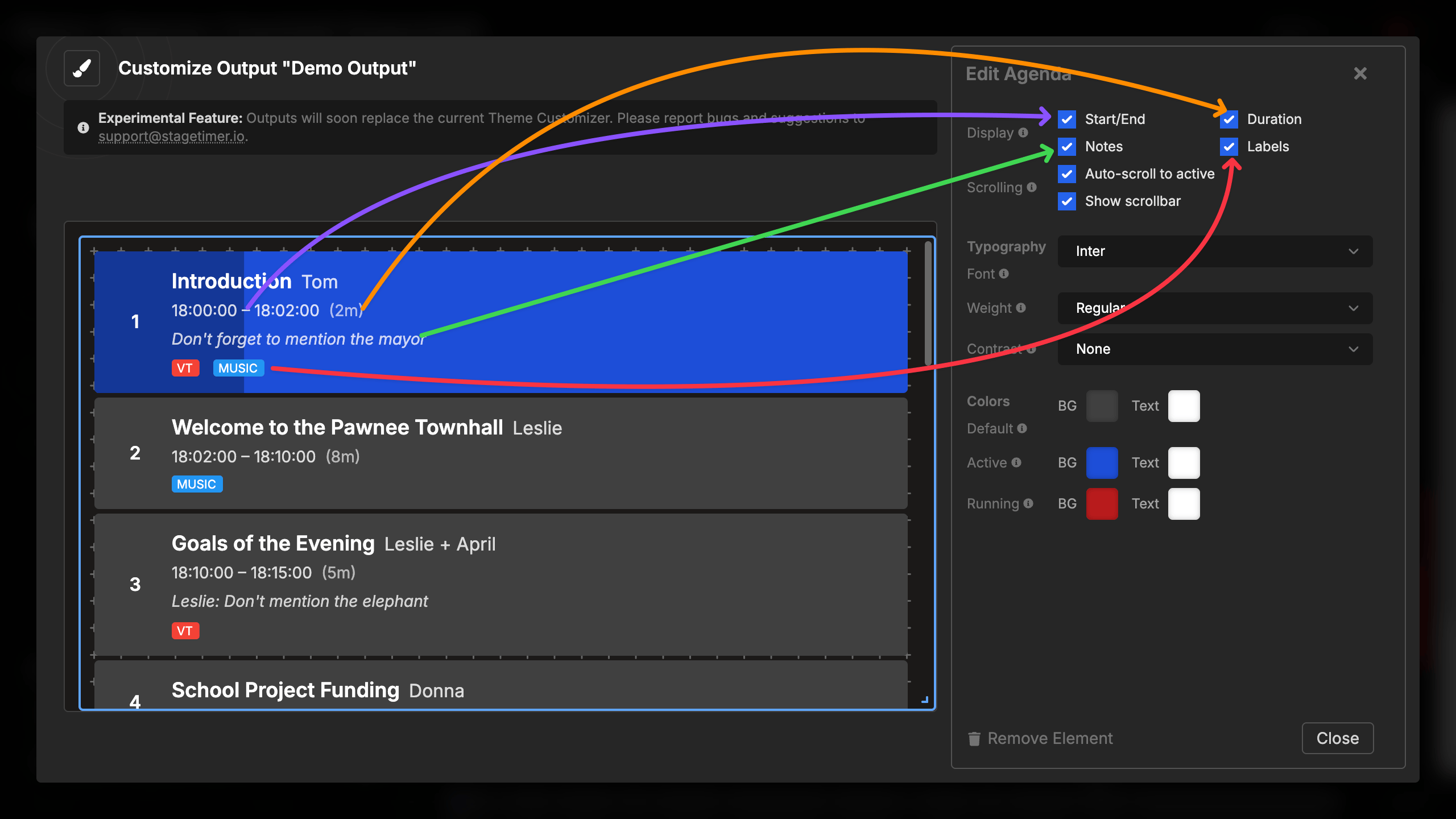 Agenda Element Settings Indicators