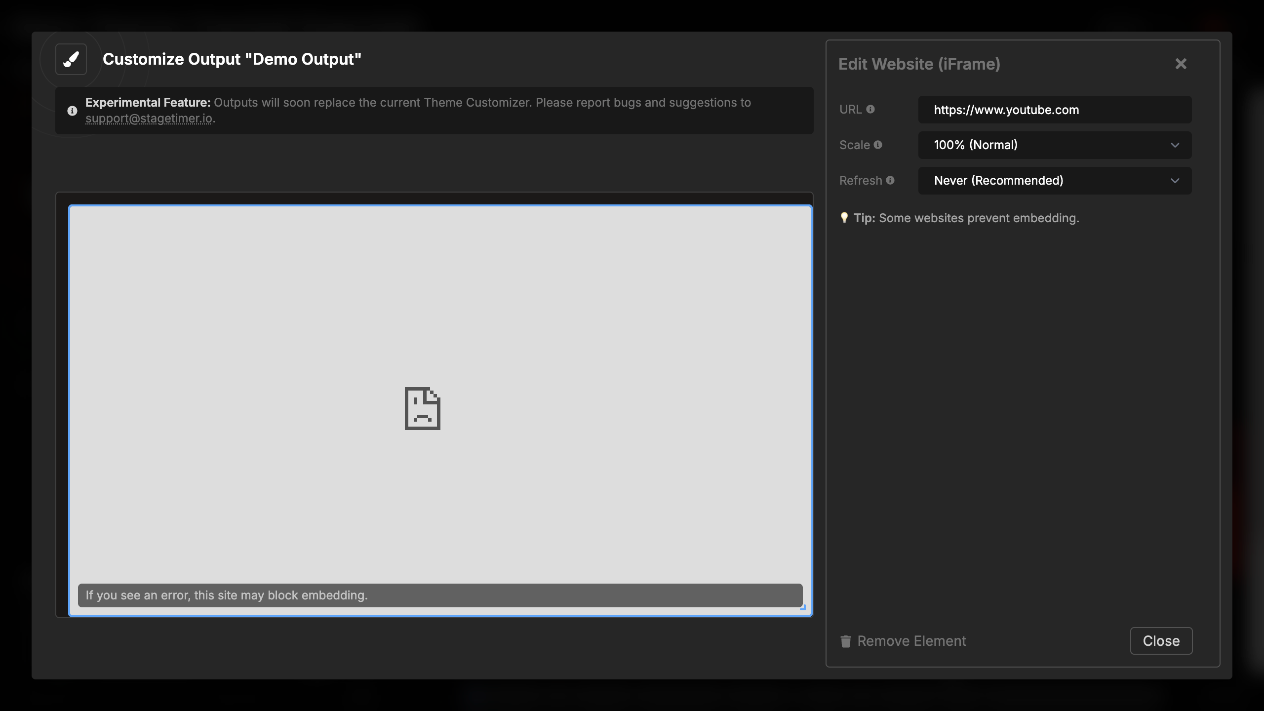 Error message displayed when a website blocks iframe embedding