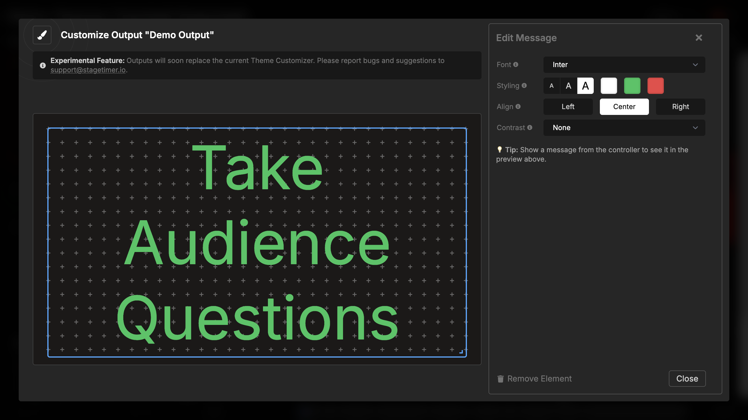 Message settings panel showing font, color, and alignment options