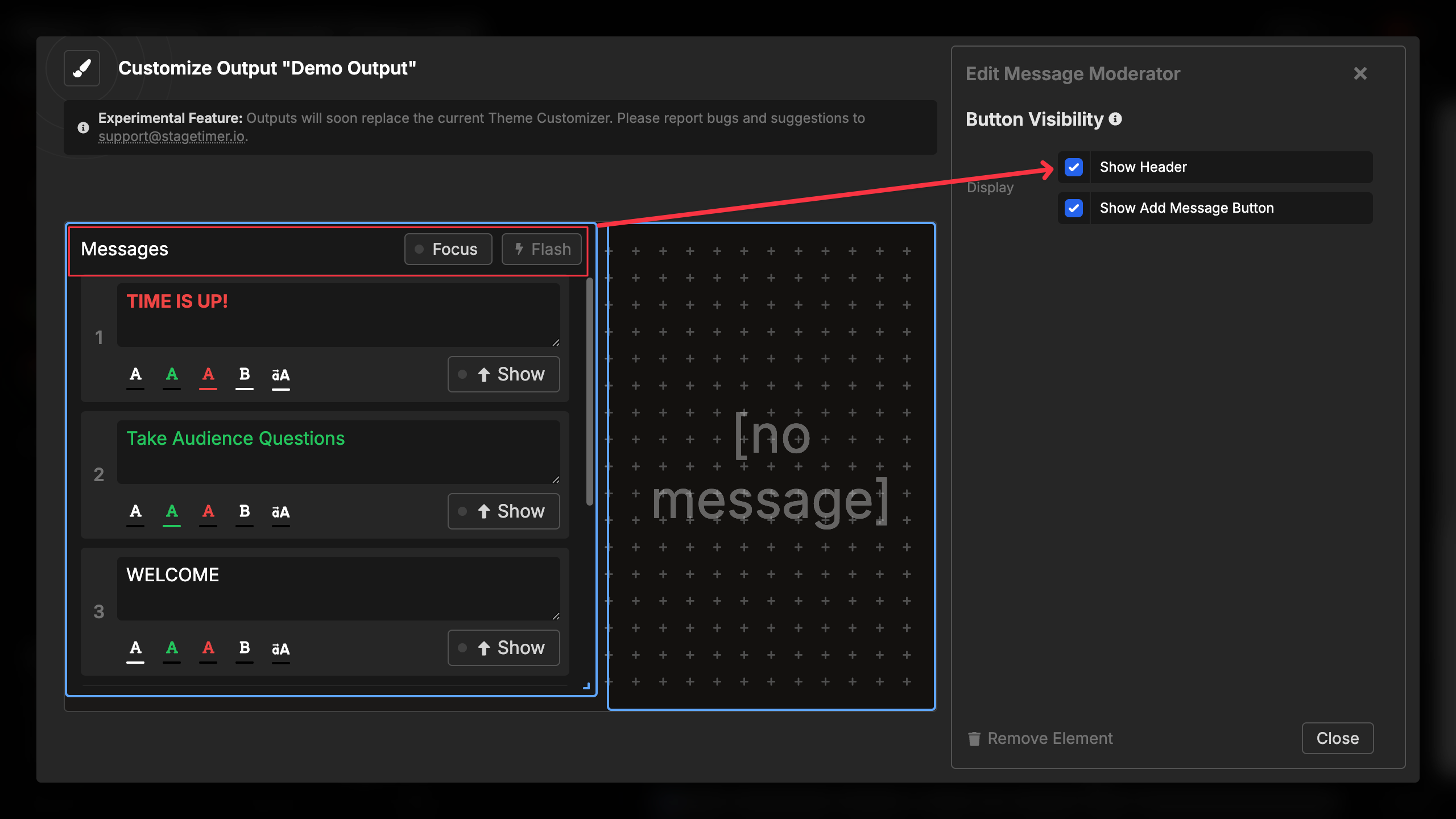 Message display controls showing Focus and Flash buttons in header