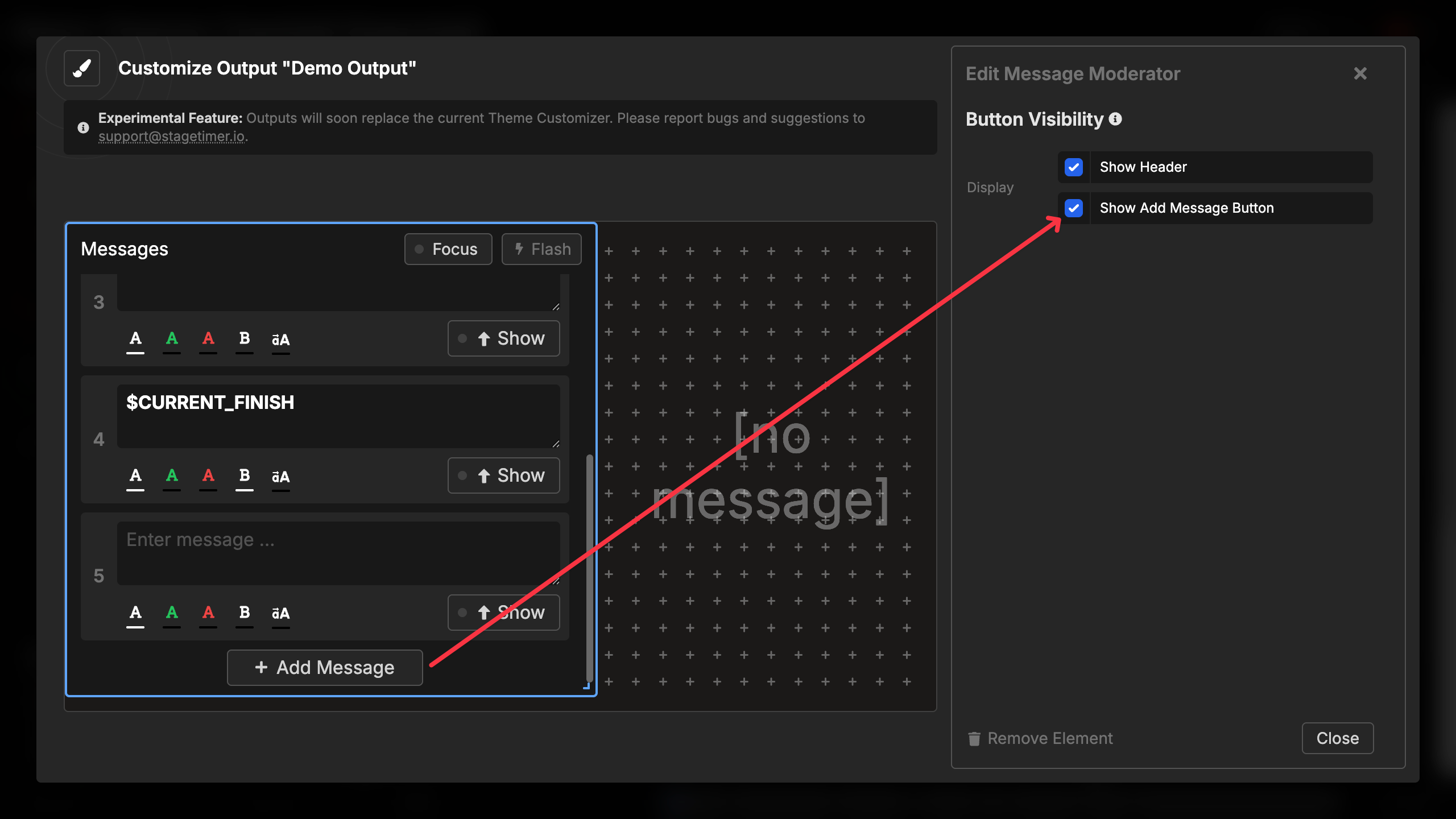 Message display controls showing add messages button in footer