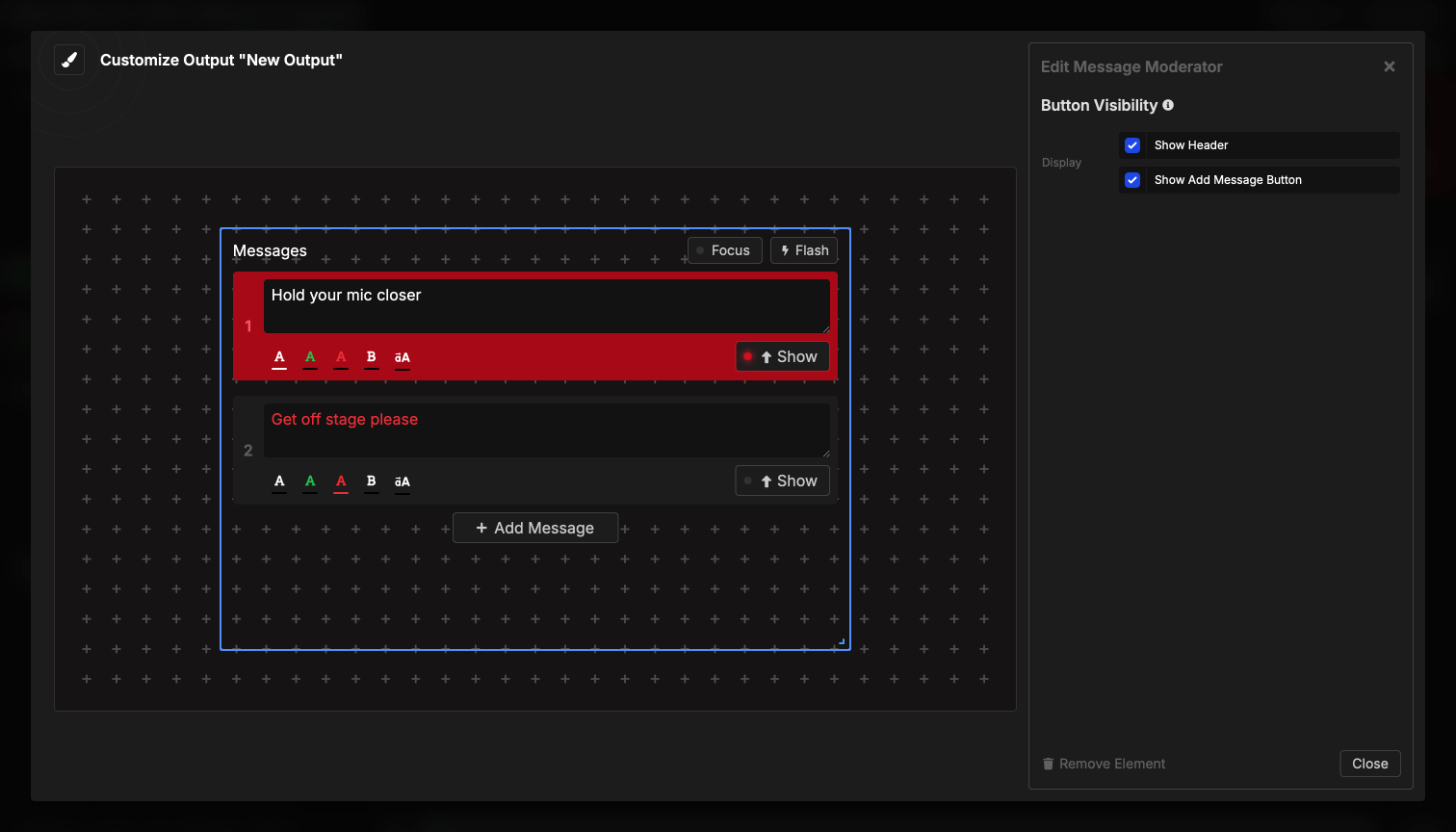 Moderator element showing message management interface