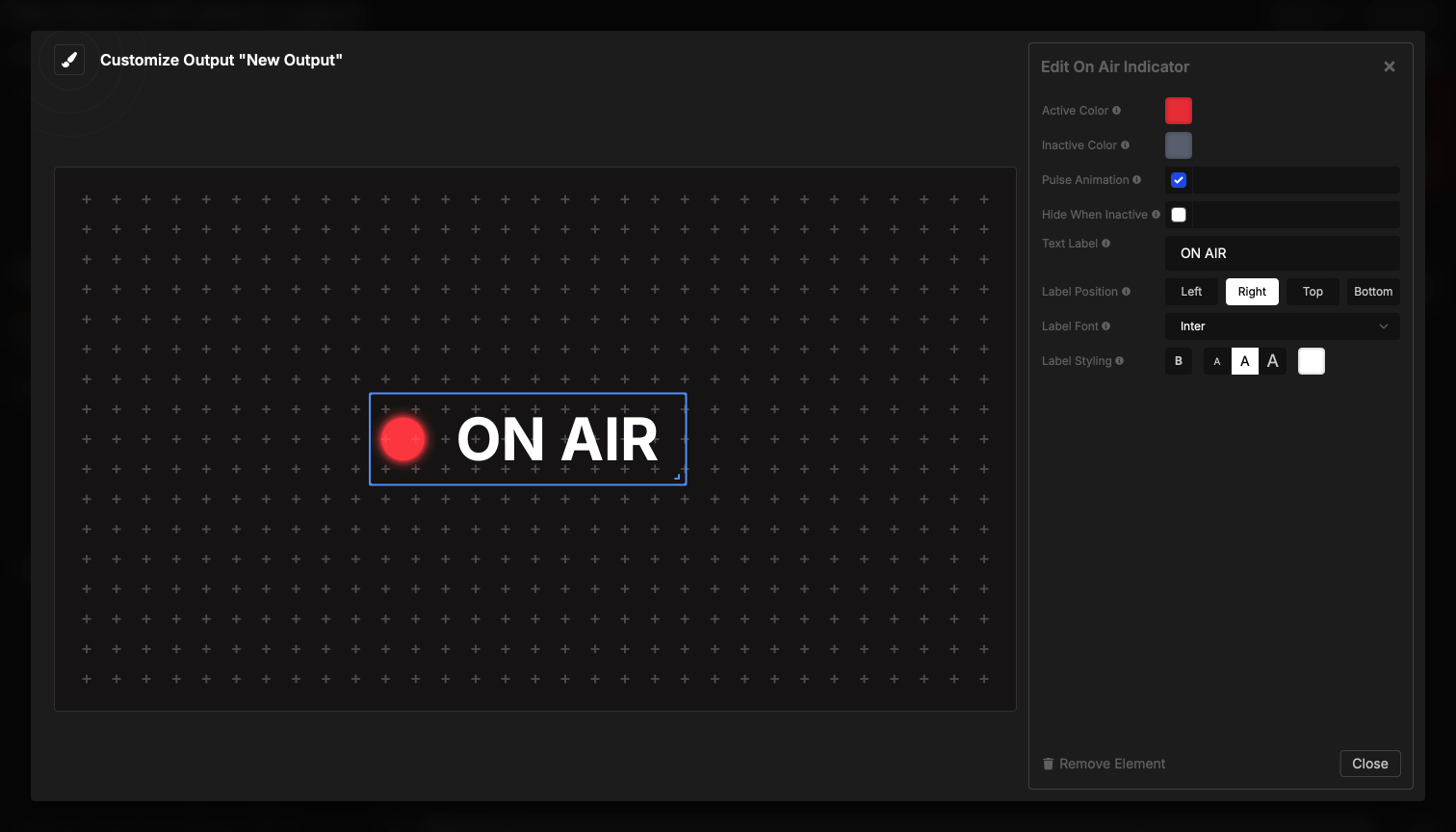 On Air element showing indicator with ON AIR label