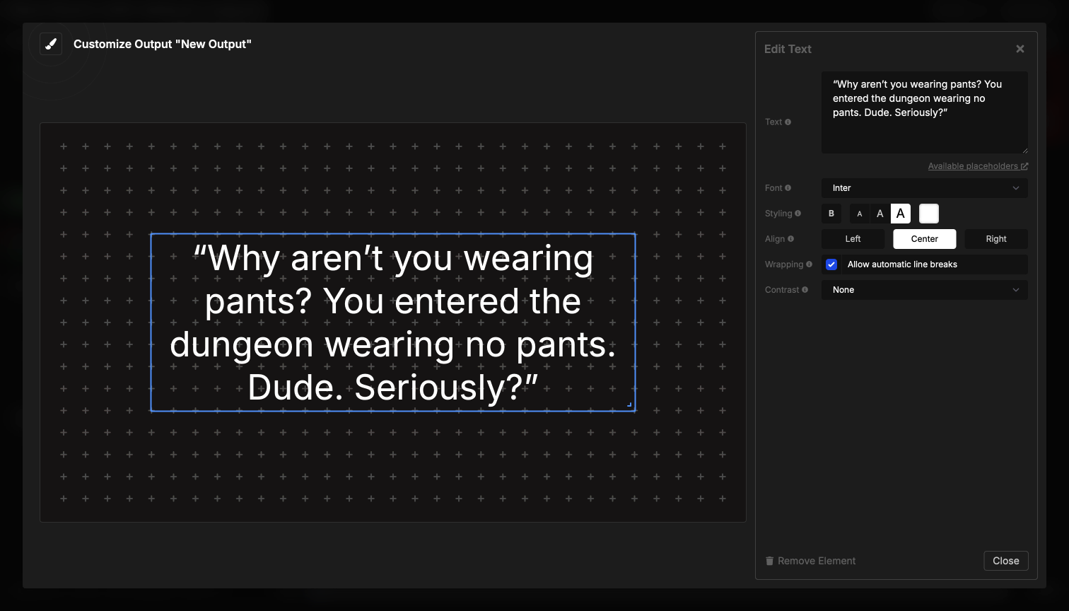 Text element overview showing the interface