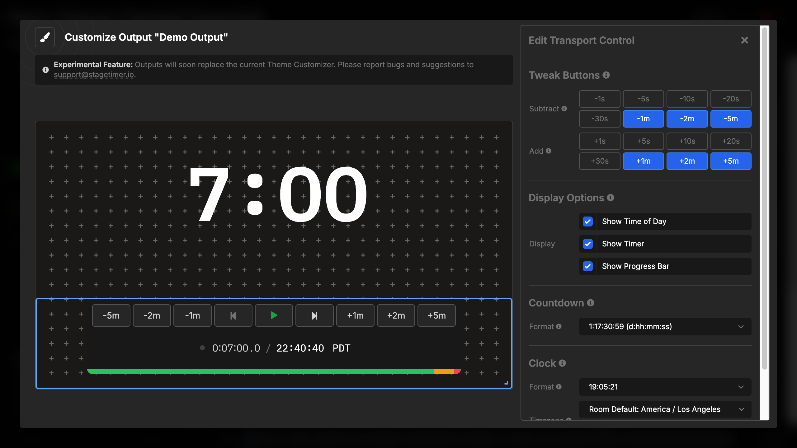 Transport Control element settings overview