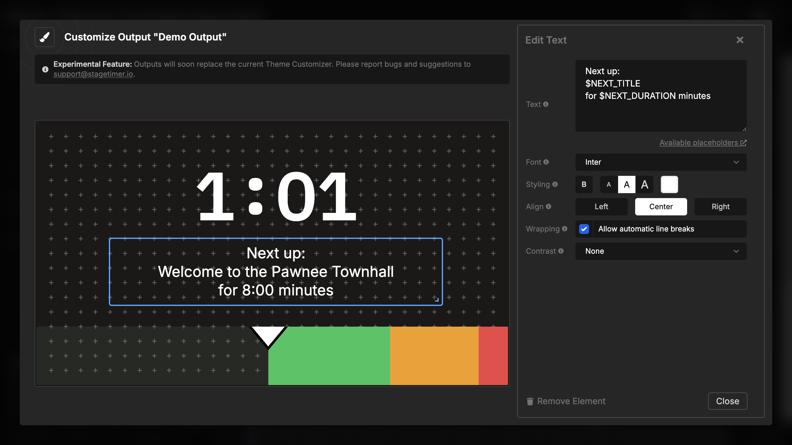 Text settings showing duration placeholder configuration