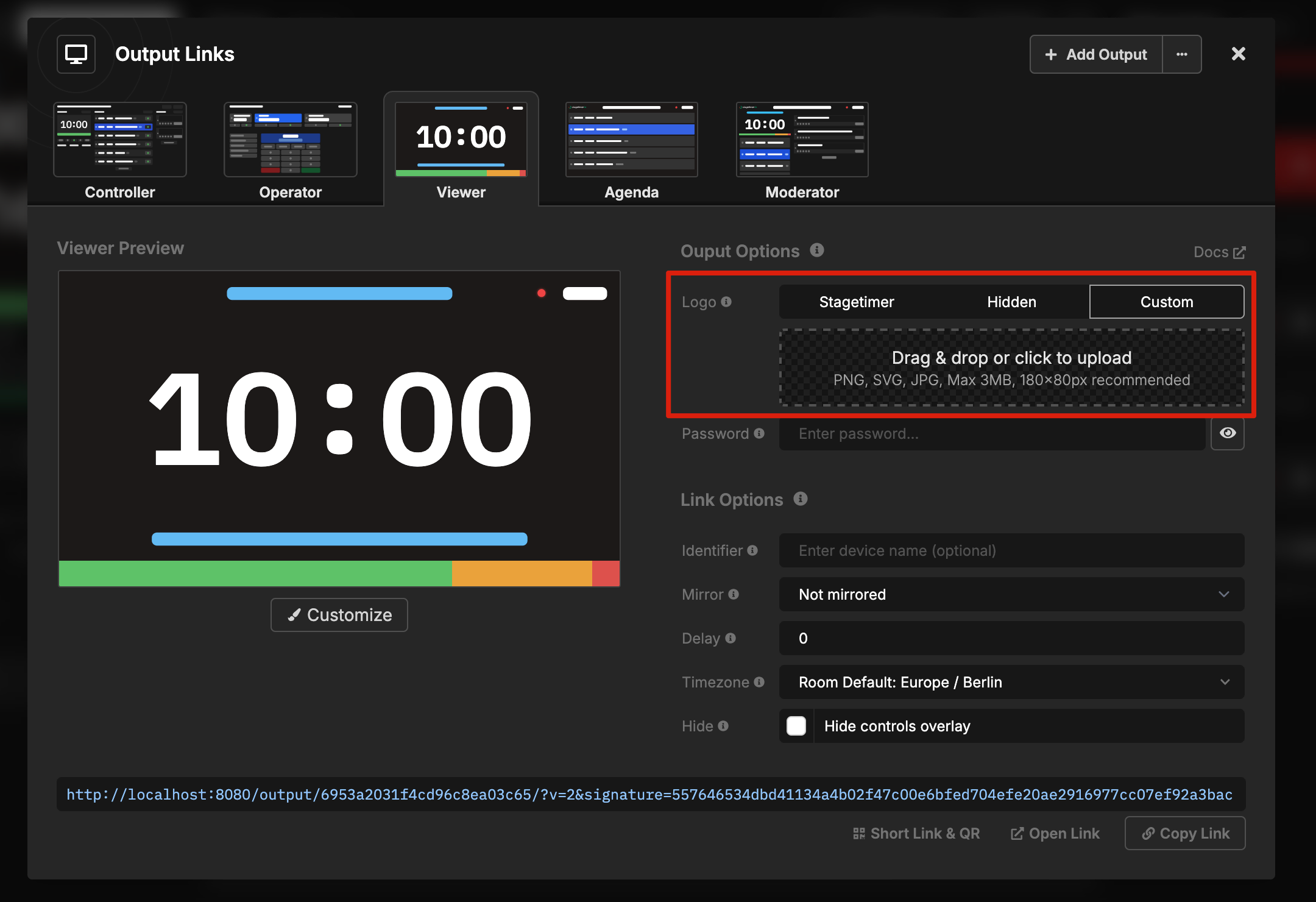 Logo setting in Output Options showing Stagetimer, Hidden, and Custom modes with image upload
