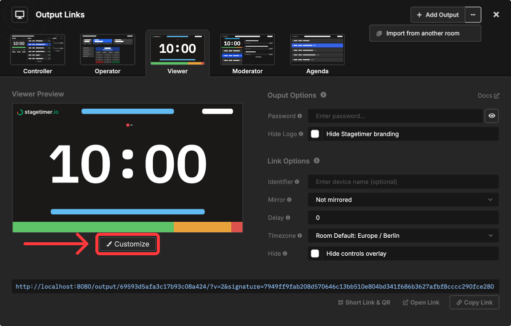 Output Links popup with Customize button highlighted