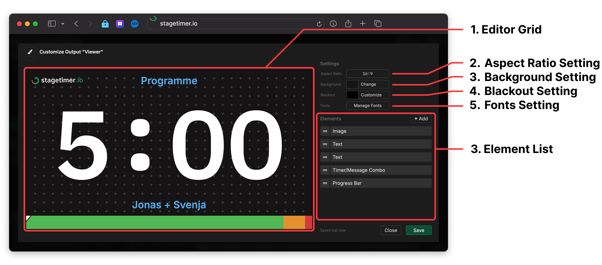 Output customizer interface showing editor grid, settings panel, and element list