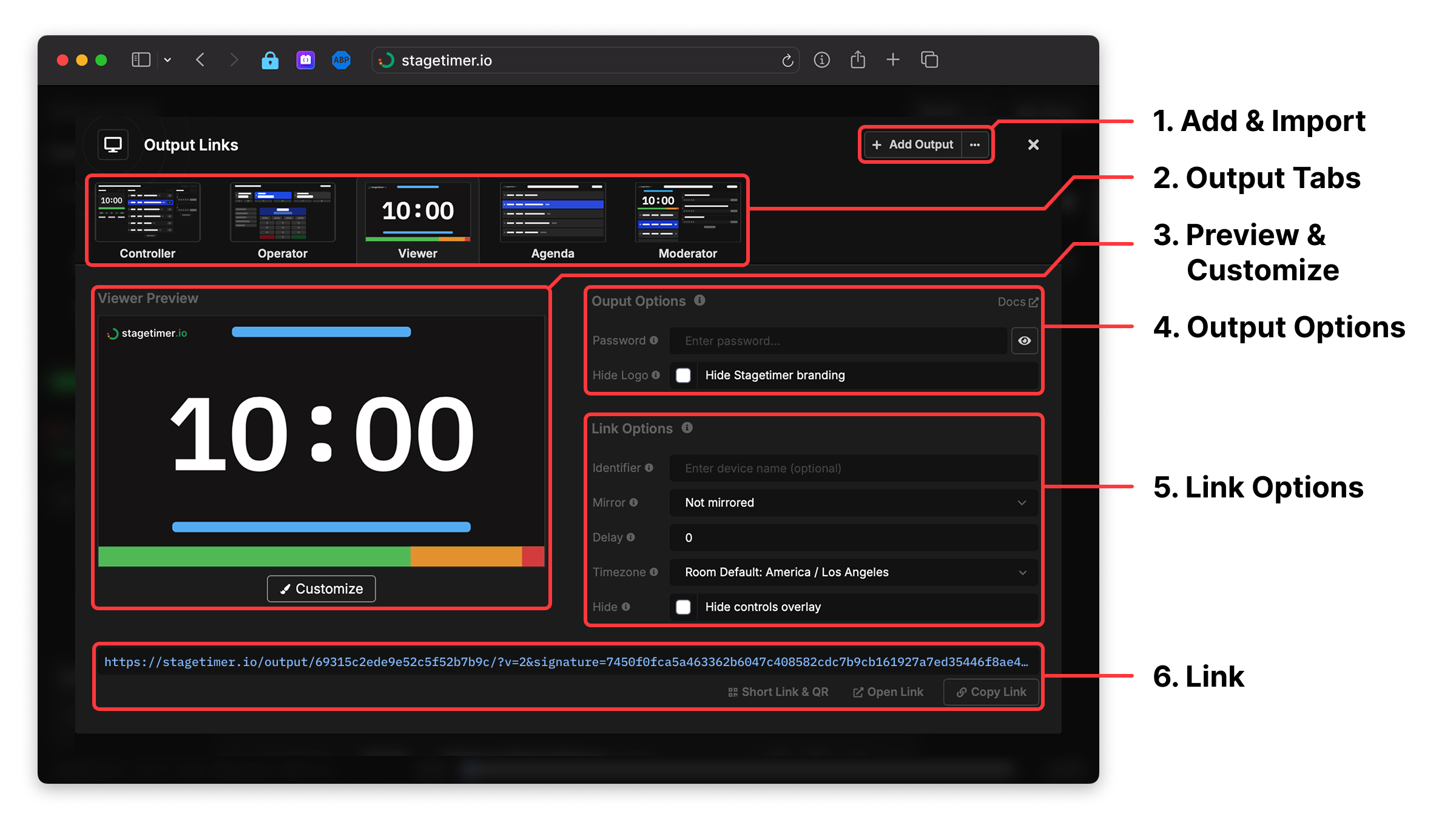 Output Links interface showing different sections