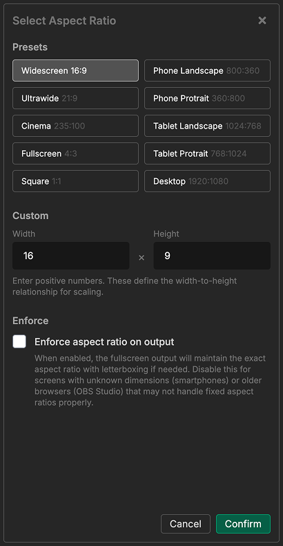 Aspect ratio setting showing presets and custom input