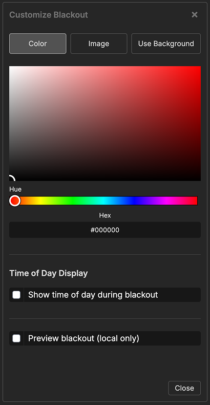 Blackout settings panel showing customization options