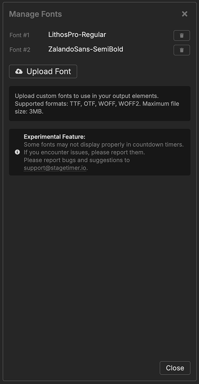 Font management panel showing uploaded custom fonts