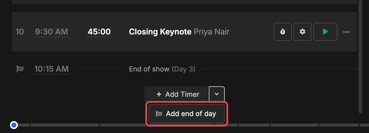 Add Timer button with the caret menu open on Add end of day