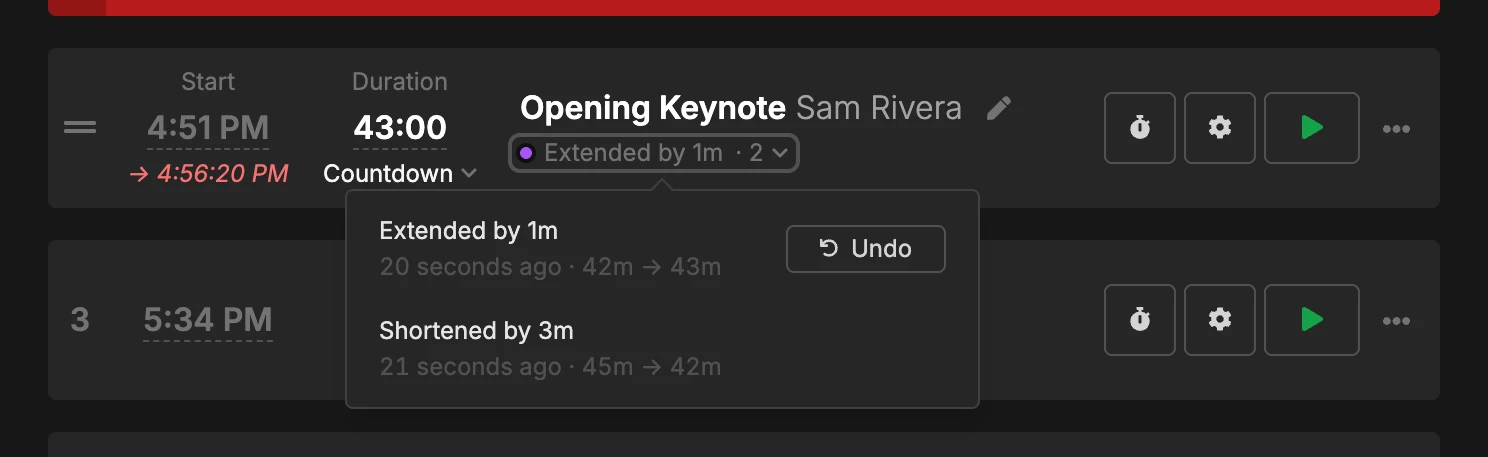 Timer row with its change list expanded, showing two changes with timestamps and an Undo button