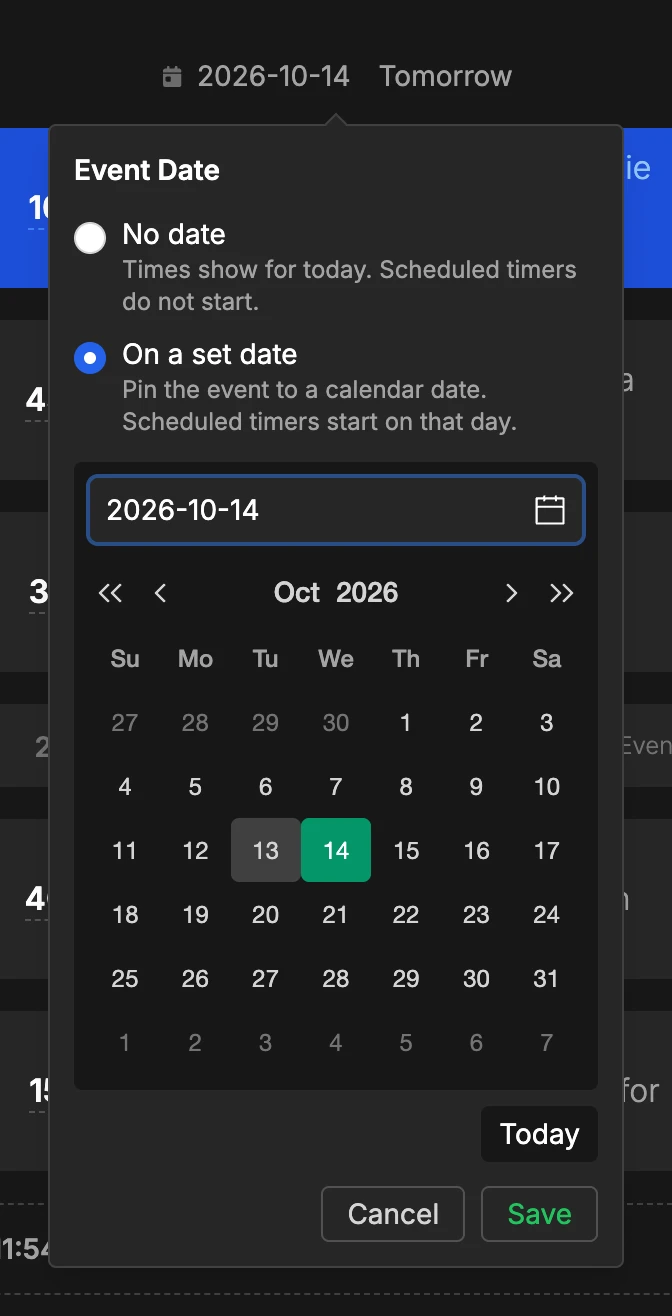 Event date dropdown with the On a set date option selected