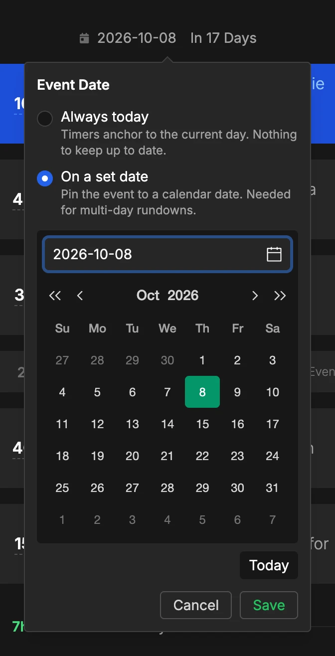 Event date dropdown at the top of the rundown with Always today and On a set date