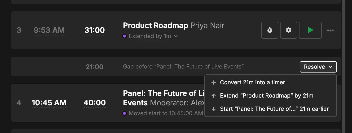 Gap row between two timers with the Resolve dropdown open