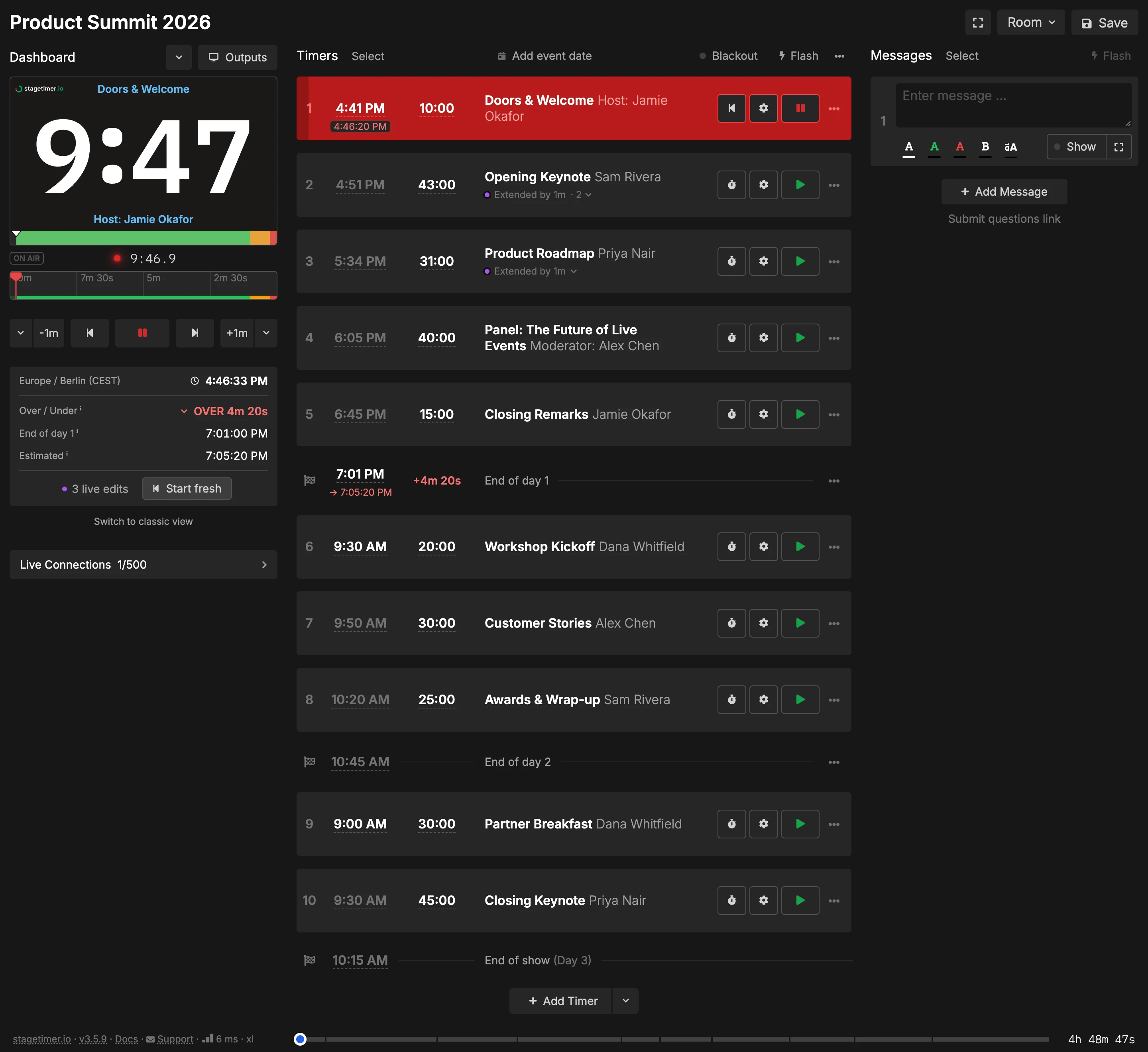 Rundown with two days separated by an End of day 1 row