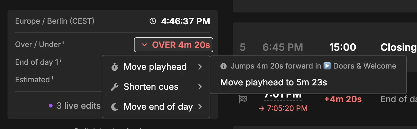 Over/under dropdown open with Move playhead, Shorten cues and Move end of show