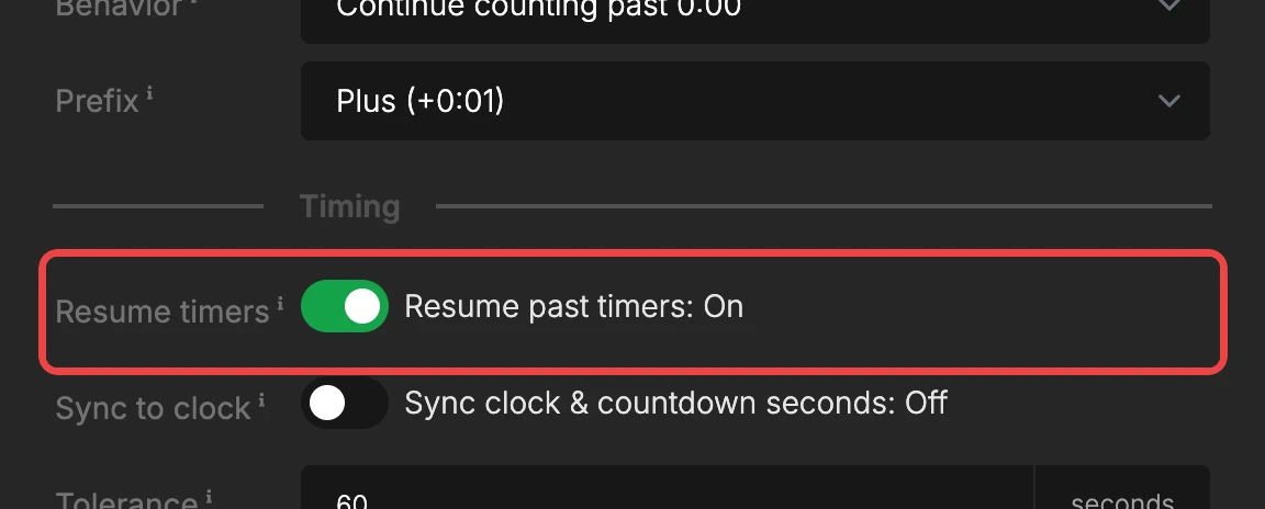 Room settings with the Resume timers toggle